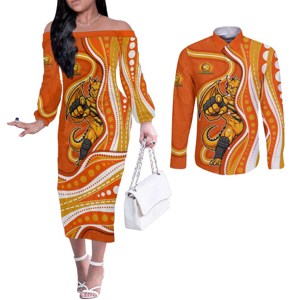 Perth Scorchers Couples Matching Off The Shoulder Long Sleeve Dress and Long Sleeve Button Shirt Aboriginal Dot Art Orange White - Tribal Wave Pattern