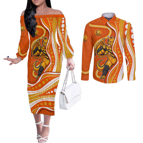 Perth Scorchers Couples Matching Off The Shoulder Long Sleeve Dress and Long Sleeve Button Shirt Aboriginal Dot Art Orange White - Tribal Wave Pattern