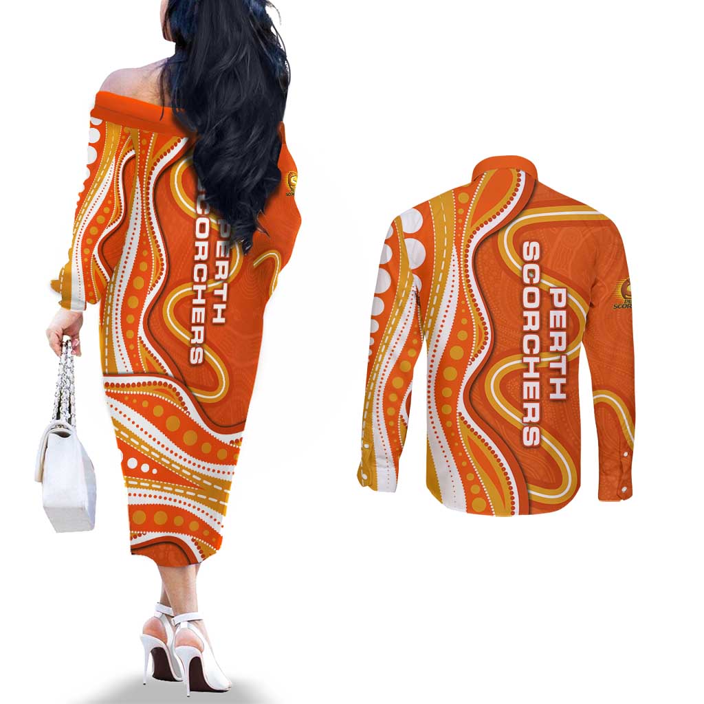 Perth Scorchers Couples Matching Off The Shoulder Long Sleeve Dress and Long Sleeve Button Shirt Aboriginal Dot Art Orange White - Tribal Wave Pattern