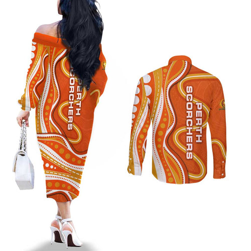 Perth Scorchers Couples Matching Off The Shoulder Long Sleeve Dress and Long Sleeve Button Shirt Aboriginal Dot Art Orange White - Tribal Wave Pattern