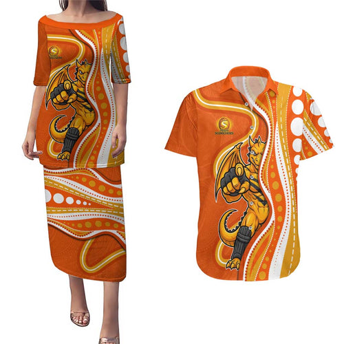 Perth Scorchers Couples Matching Puletasi and Hawaiian Shirt Aboriginal Dot Art Orange White - Tribal Wave Pattern