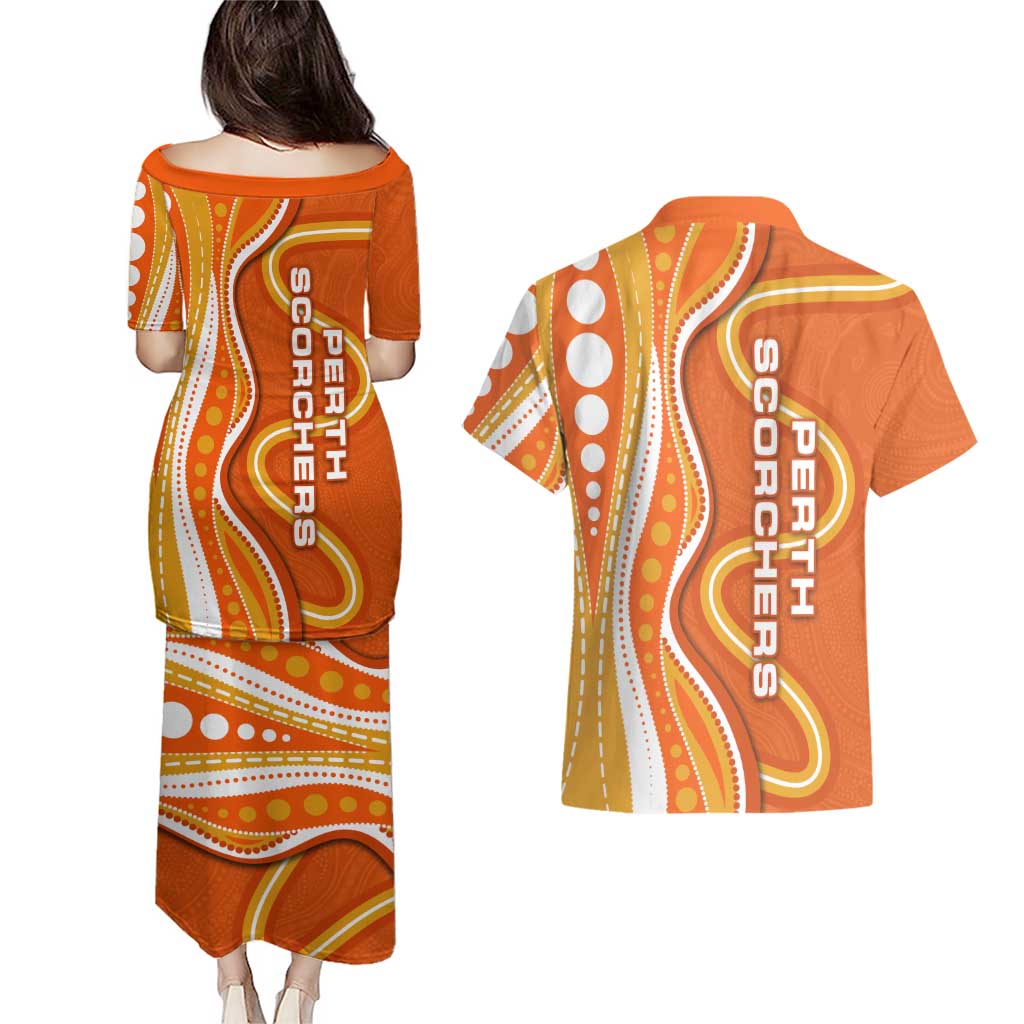 Perth Scorchers Couples Matching Puletasi and Hawaiian Shirt Aboriginal Dot Art Orange White - Tribal Wave Pattern