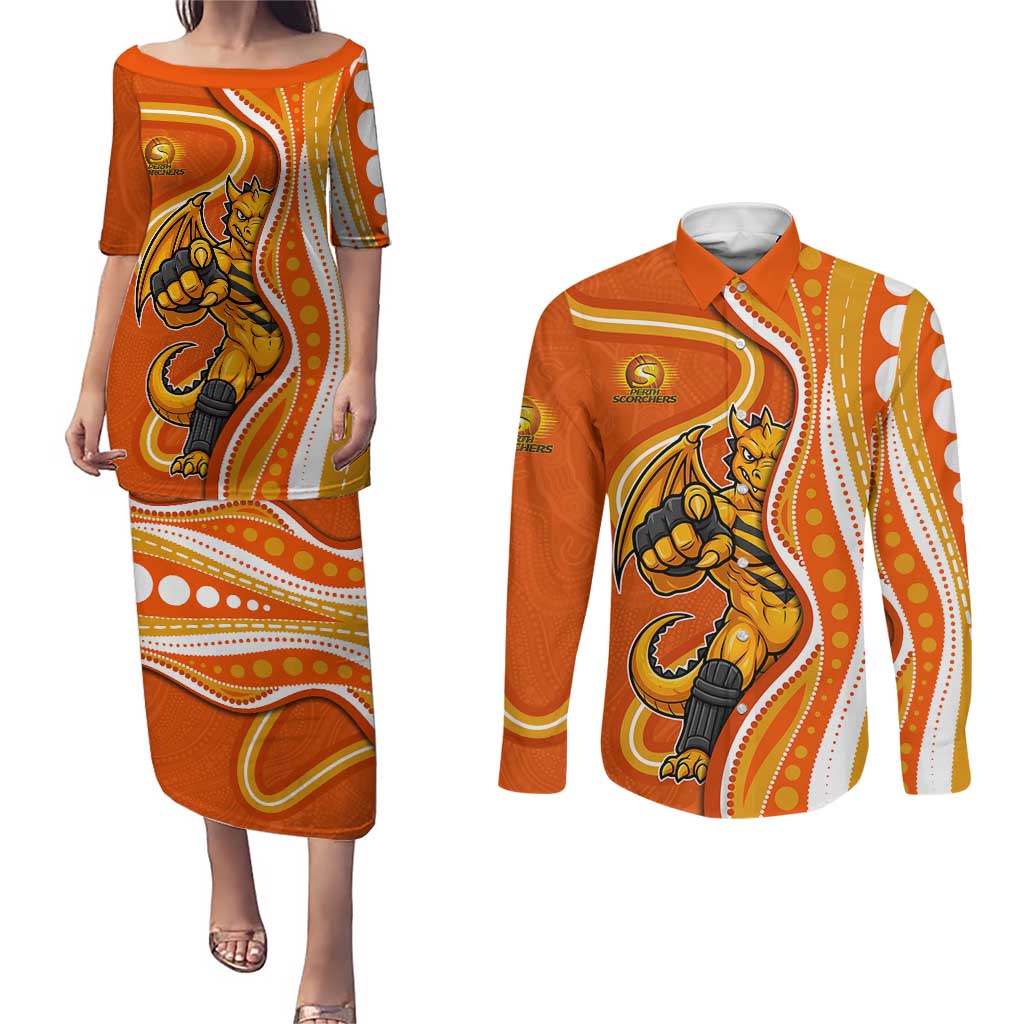 Perth Scorchers Couples Matching Puletasi and Long Sleeve Button Shirt Aboriginal Dot Art Orange White - Tribal Wave Pattern