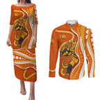 Perth Scorchers Couples Matching Puletasi and Long Sleeve Button Shirt Aboriginal Dot Art Orange White - Tribal Wave Pattern