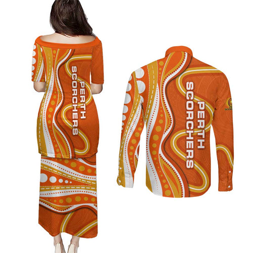 Perth Scorchers Couples Matching Puletasi and Long Sleeve Button Shirt Aboriginal Dot Art Orange White - Tribal Wave Pattern
