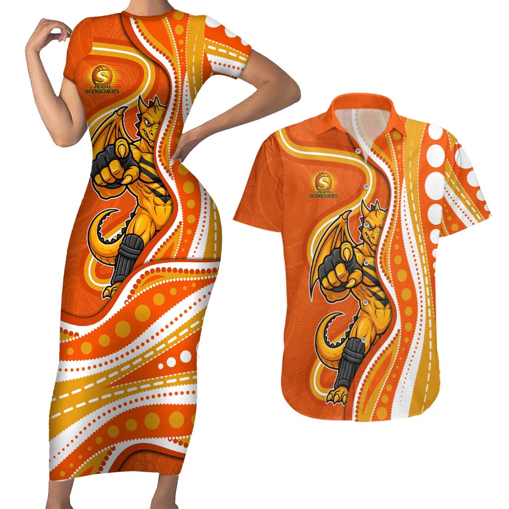 Perth Scorchers Couples Matching Short Sleeve Bodycon Dress and Hawaiian Shirt Aboriginal Dot Art Orange White - Tribal Wave Pattern