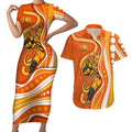 Perth Scorchers Couples Matching Short Sleeve Bodycon Dress and Hawaiian Shirt Aboriginal Dot Art Orange White - Tribal Wave Pattern