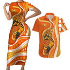 Perth Scorchers Couples Matching Short Sleeve Bodycon Dress and Hawaiian Shirt Aboriginal Dot Art Orange White - Tribal Wave Pattern