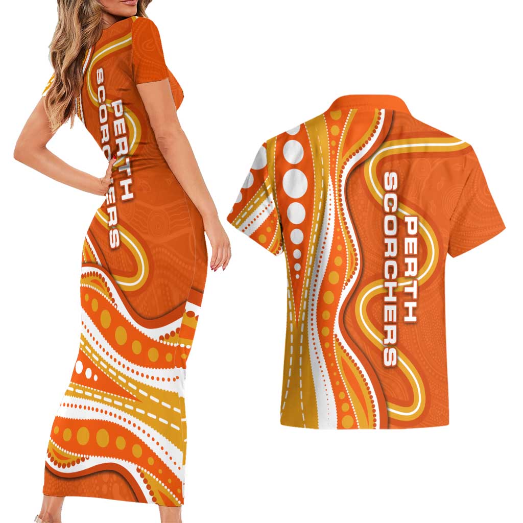 Perth Scorchers Couples Matching Short Sleeve Bodycon Dress and Hawaiian Shirt Aboriginal Dot Art Orange White - Tribal Wave Pattern