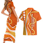 Perth Scorchers Couples Matching Short Sleeve Bodycon Dress and Hawaiian Shirt Aboriginal Dot Art Orange White - Tribal Wave Pattern