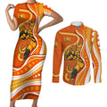 Perth Scorchers Couples Matching Short Sleeve Bodycon Dress and Long Sleeve Button Shirt Aboriginal Dot Art Orange White - Tribal Wave Pattern