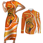 Perth Scorchers Couples Matching Short Sleeve Bodycon Dress and Long Sleeve Button Shirt Aboriginal Dot Art Orange White - Tribal Wave Pattern