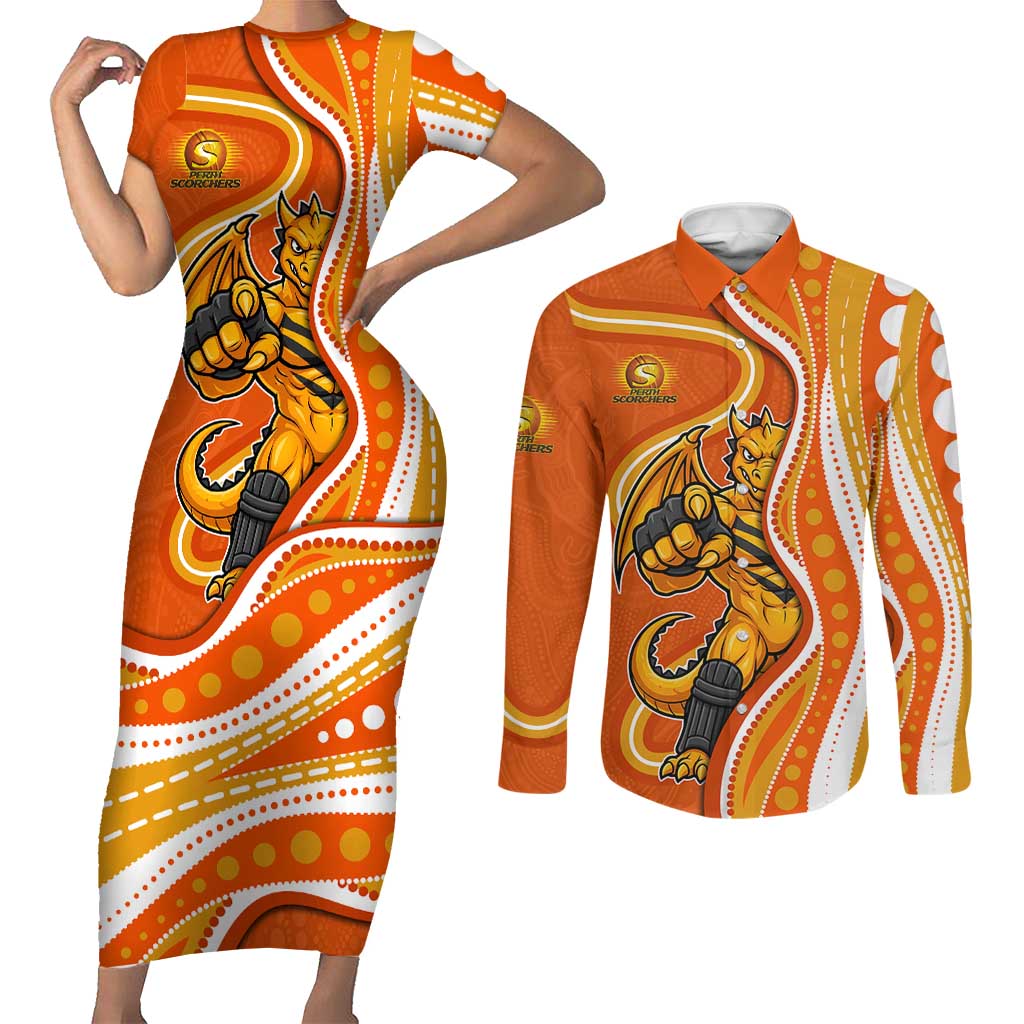 Perth Scorchers Couples Matching Short Sleeve Bodycon Dress and Long Sleeve Button Shirt Aboriginal Dot Art Orange White - Tribal Wave Pattern