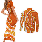 Perth Scorchers Couples Matching Short Sleeve Bodycon Dress and Long Sleeve Button Shirt Aboriginal Dot Art Orange White - Tribal Wave Pattern
