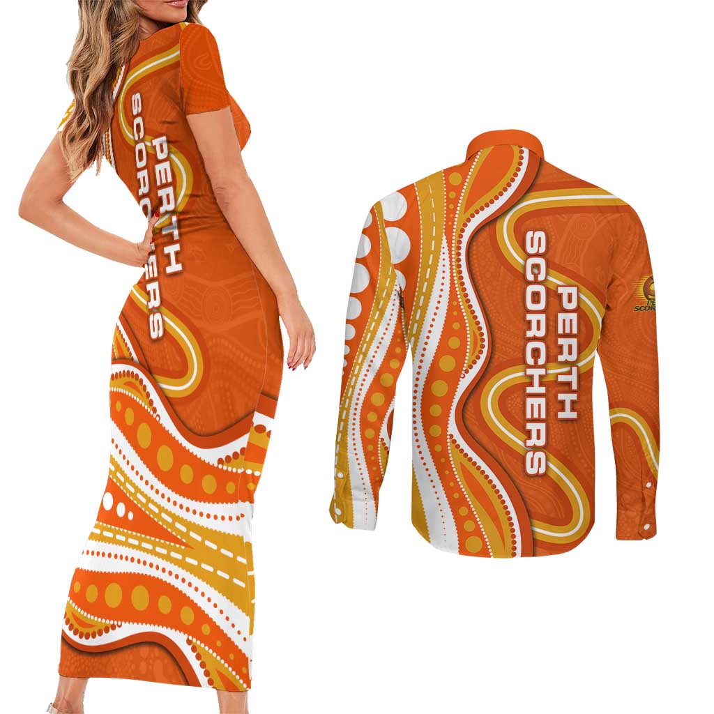 Perth Scorchers Couples Matching Short Sleeve Bodycon Dress and Long Sleeve Button Shirt Aboriginal Dot Art Orange White - Tribal Wave Pattern