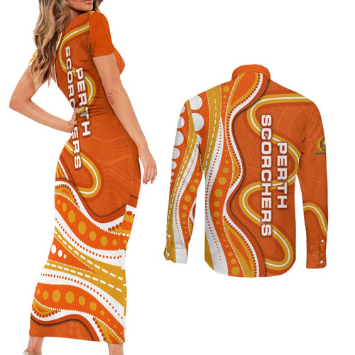 Perth Scorchers Couples Matching Short Sleeve Bodycon Dress and Long Sleeve Button Shirt Aboriginal Dot Art Orange White - Tribal Wave Pattern