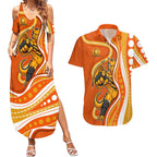 Perth Scorchers Couples Matching Summer Maxi Dress and Hawaiian Shirt Aboriginal Dot Art Orange White - Tribal Wave Pattern