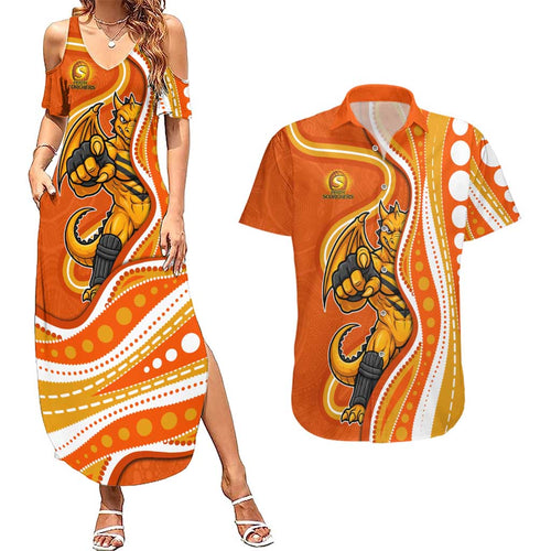 Perth Scorchers Couples Matching Summer Maxi Dress and Hawaiian Shirt Aboriginal Dot Art Orange White - Tribal Wave Pattern