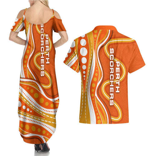 Perth Scorchers Couples Matching Summer Maxi Dress and Hawaiian Shirt Aboriginal Dot Art Orange White - Tribal Wave Pattern