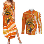 Perth Scorchers Couples Matching Summer Maxi Dress and Long Sleeve Button Shirt Aboriginal Dot Art Orange White - Tribal Wave Pattern