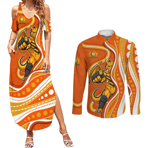 Perth Scorchers Couples Matching Summer Maxi Dress and Long Sleeve Button Shirt Aboriginal Dot Art Orange White - Tribal Wave Pattern