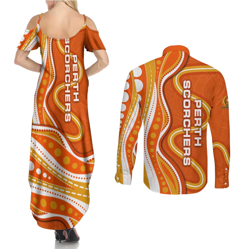 Perth Scorchers Couples Matching Summer Maxi Dress and Long Sleeve Button Shirt Aboriginal Dot Art Orange White - Tribal Wave Pattern