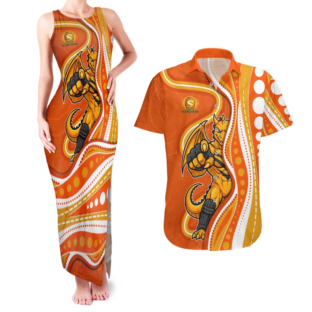 Perth Scorchers Couples Matching Tank Maxi Dress and Hawaiian Shirt Aboriginal Dot Art Orange White - Tribal Wave Pattern