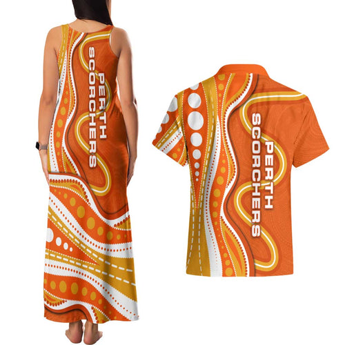 Perth Scorchers Couples Matching Tank Maxi Dress and Hawaiian Shirt Aboriginal Dot Art Orange White - Tribal Wave Pattern