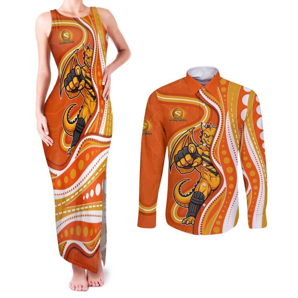 Perth Scorchers Couples Matching Tank Maxi Dress and Long Sleeve Button Shirt Aboriginal Dot Art Orange White - Tribal Wave Pattern