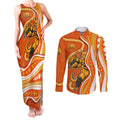 Perth Scorchers Couples Matching Tank Maxi Dress and Long Sleeve Button Shirt Aboriginal Dot Art Orange White - Tribal Wave Pattern