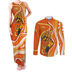 Perth Scorchers Couples Matching Tank Maxi Dress and Long Sleeve Button Shirt Aboriginal Dot Art Orange White - Tribal Wave Pattern