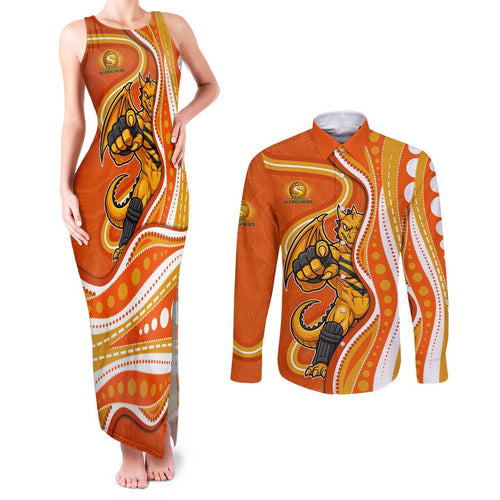 Perth Scorchers Couples Matching Tank Maxi Dress and Long Sleeve Button Shirt Aboriginal Dot Art Orange White - Tribal Wave Pattern