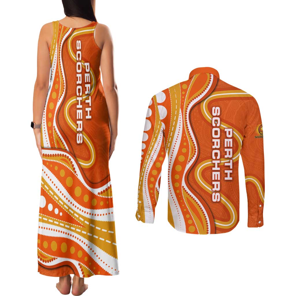 Perth Scorchers Couples Matching Tank Maxi Dress and Long Sleeve Button Shirt Aboriginal Dot Art Orange White - Tribal Wave Pattern