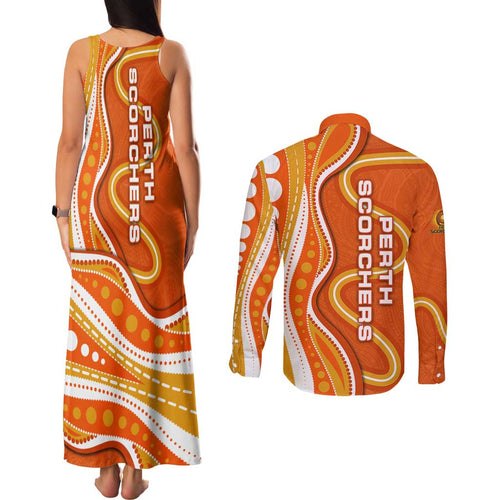 Perth Scorchers Couples Matching Tank Maxi Dress and Long Sleeve Button Shirt Aboriginal Dot Art Orange White - Tribal Wave Pattern
