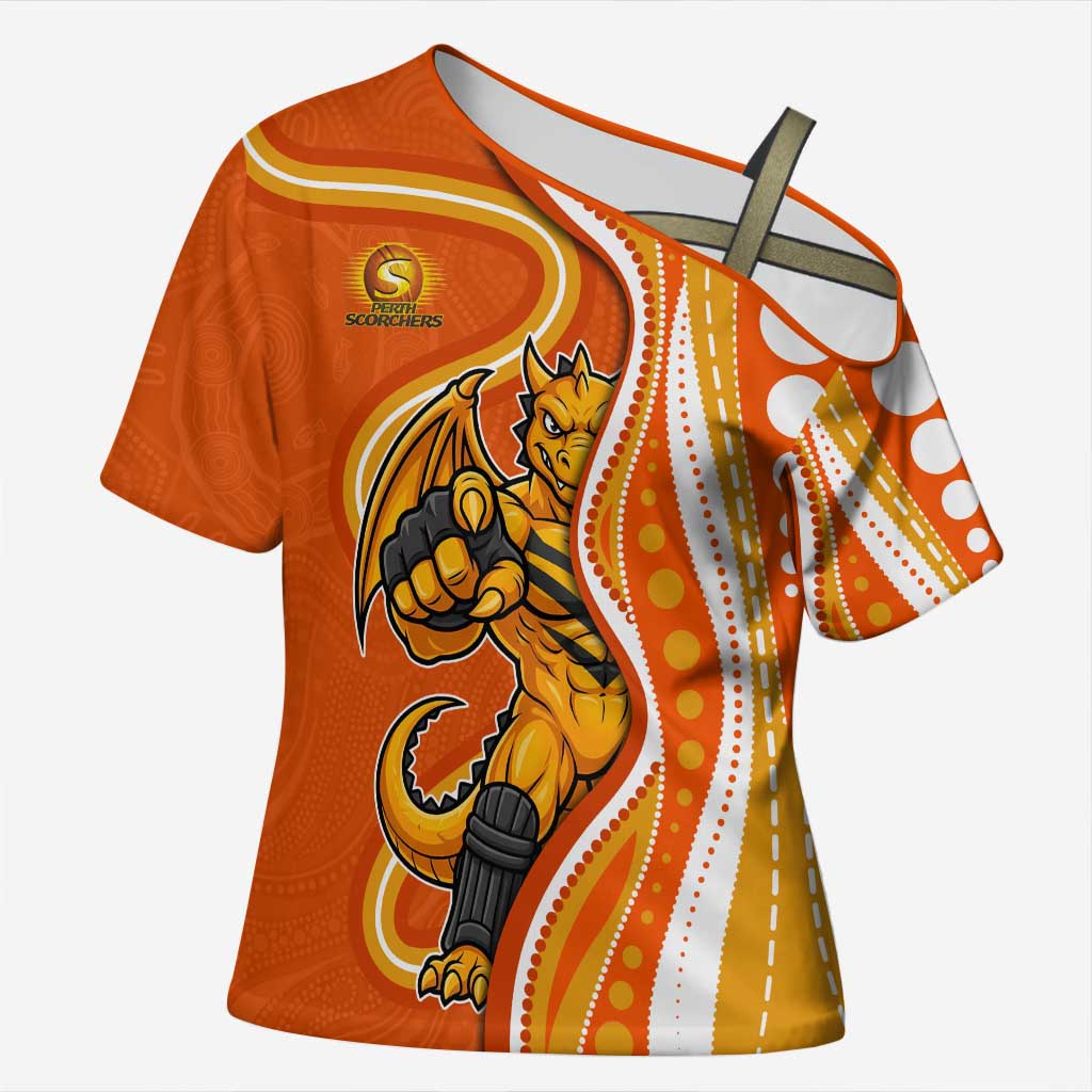 Perth Scorchers Cross Shoulder Shirt Aboriginal Dot Art Orange White - Tribal Wave Pattern