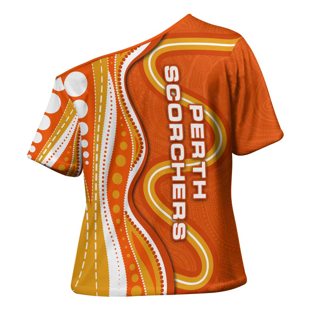 Perth Scorchers Cross Shoulder Shirt Aboriginal Dot Art Orange White - Tribal Wave Pattern