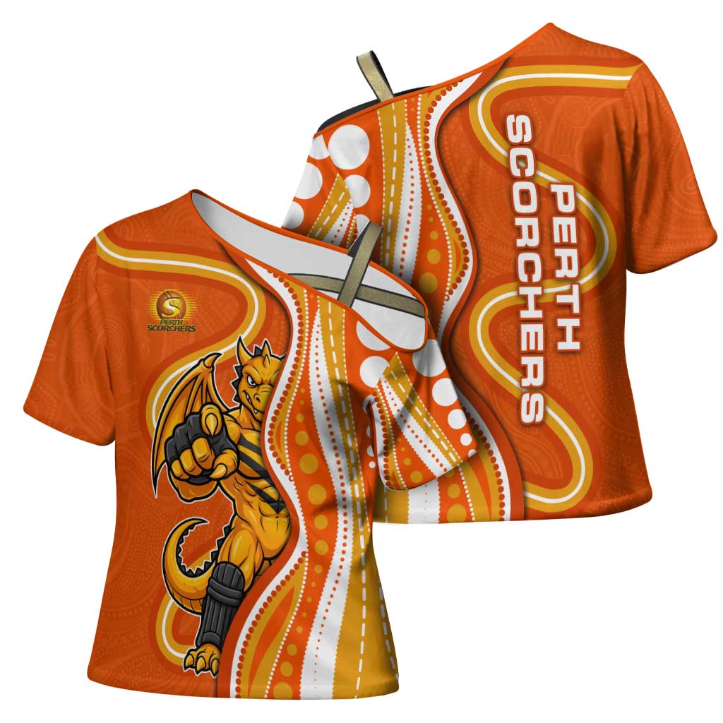 Perth Scorchers Cross Shoulder Shirt Aboriginal Dot Art Orange White - Tribal Wave Pattern