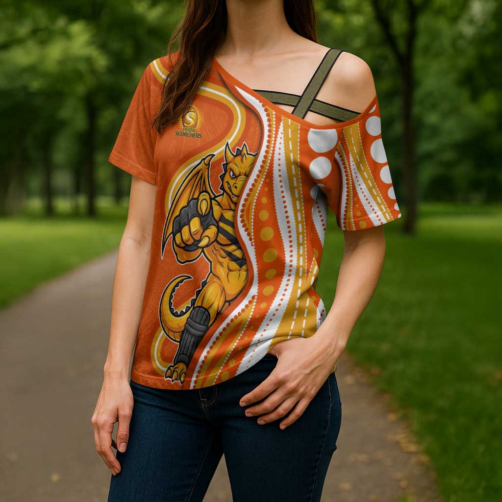 Perth Scorchers Cross Shoulder Shirt Aboriginal Dot Art Orange White - Tribal Wave Pattern