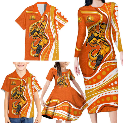 Perth Scorchers Family Matching Long Sleeve Bodycon Dress and Hawaiian Shirt Aboriginal Dot Art Orange White - Tribal Wave Pattern
