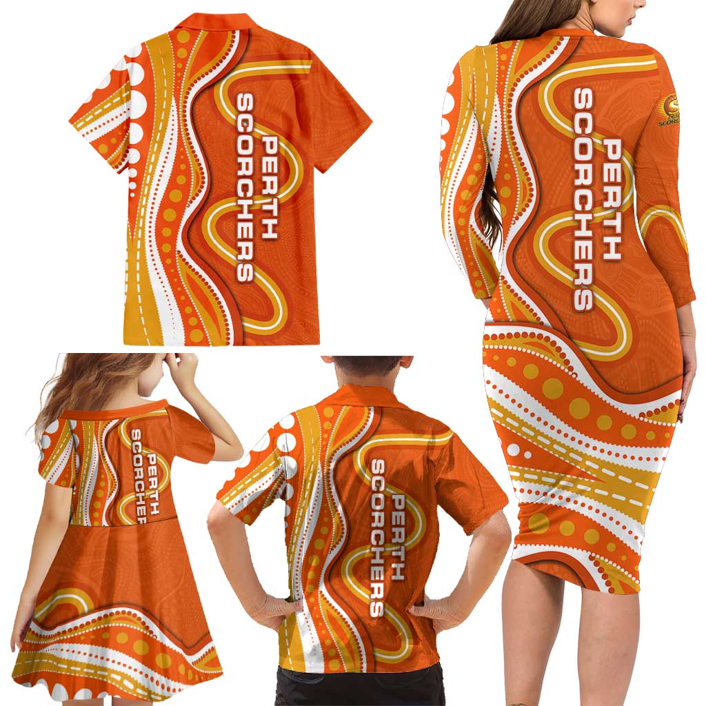 Perth Scorchers Family Matching Long Sleeve Bodycon Dress and Hawaiian Shirt Aboriginal Dot Art Orange White - Tribal Wave Pattern