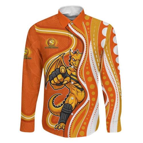 Perth Scorchers Family Matching Long Sleeve Bodycon Dress and Hawaiian Shirt Aboriginal Dot Art Orange White - Tribal Wave Pattern