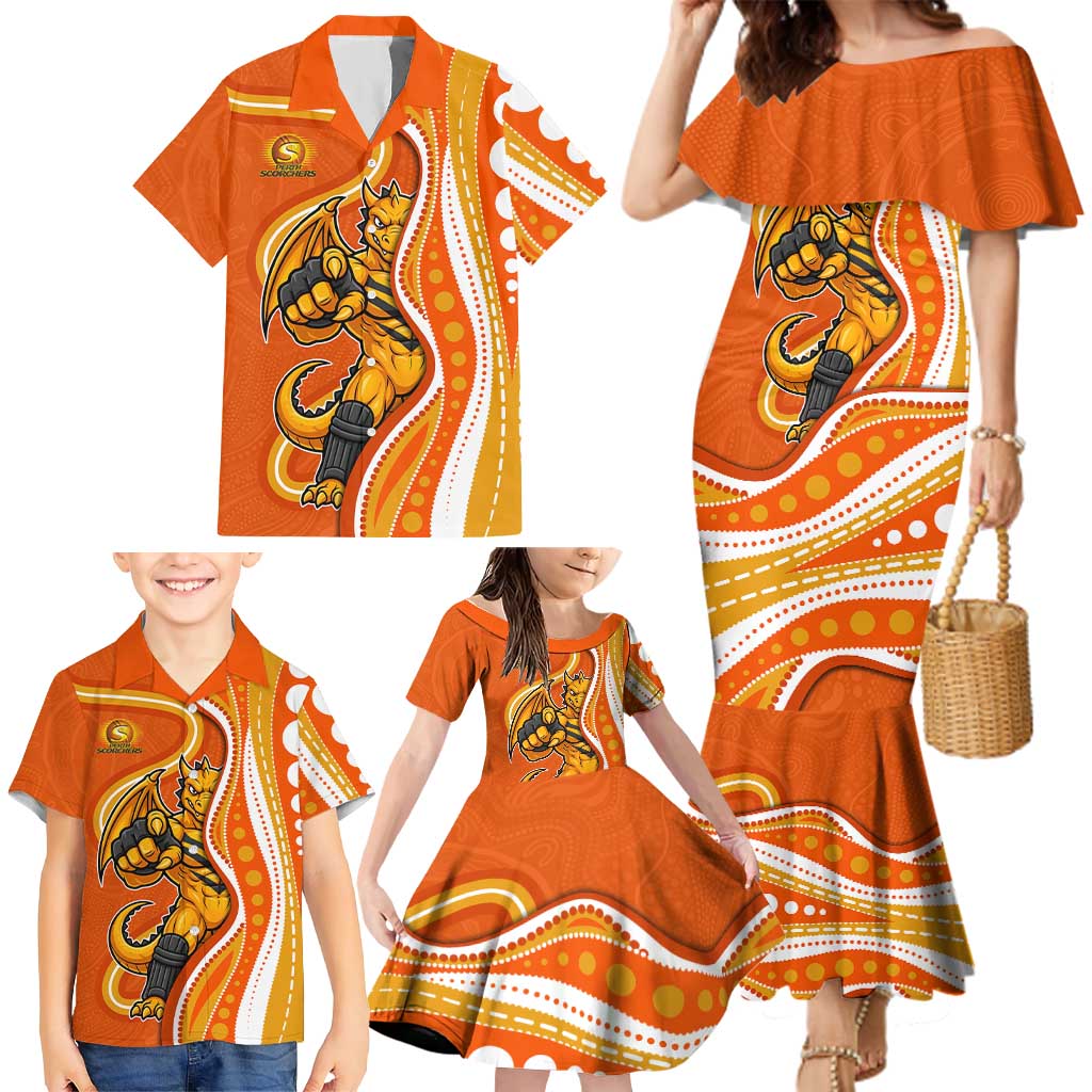 Perth Scorchers Family Matching Mermaid Dress and Hawaiian Shirt Aboriginal Dot Art Orange White - Tribal Wave Pattern