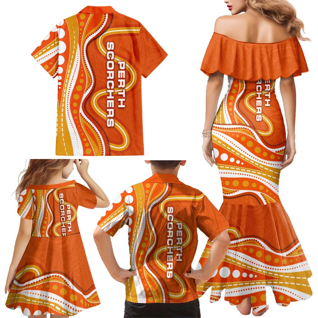 Perth Scorchers Family Matching Mermaid Dress and Hawaiian Shirt Aboriginal Dot Art Orange White - Tribal Wave Pattern
