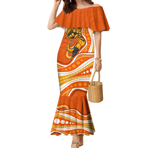 Perth Scorchers Family Matching Mermaid Dress and Hawaiian Shirt Aboriginal Dot Art Orange White - Tribal Wave Pattern
