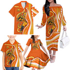 Perth Scorchers Family Matching Off The Shoulder Long Sleeve Dress and Hawaiian Shirt Aboriginal Dot Art Orange White - Tribal Wave Pattern