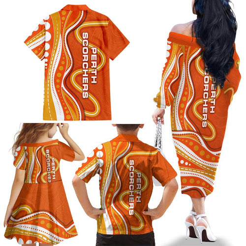 Perth Scorchers Family Matching Off The Shoulder Long Sleeve Dress and Hawaiian Shirt Aboriginal Dot Art Orange White - Tribal Wave Pattern