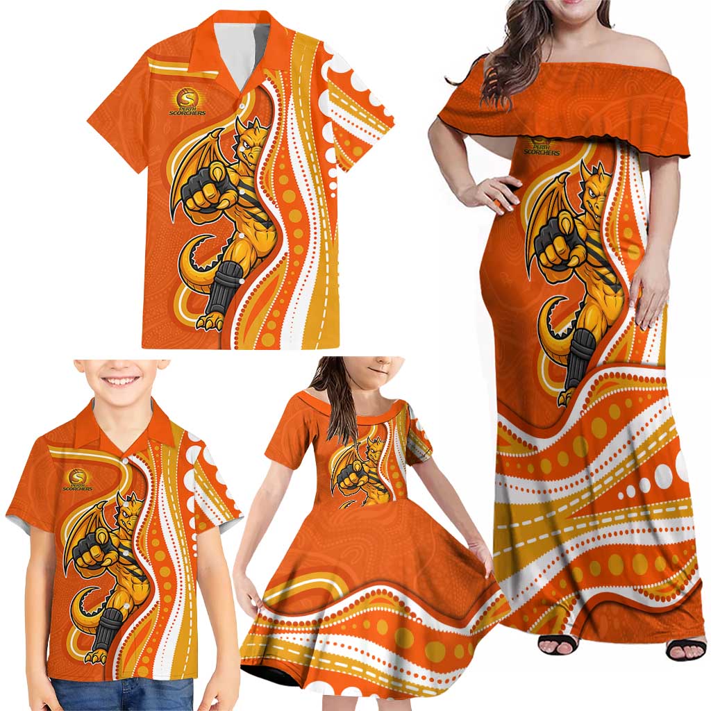 Perth Scorchers Family Matching Off Shoulder Maxi Dress and Hawaiian Shirt Aboriginal Dot Art Orange White - Tribal Wave Pattern
