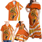 Perth Scorchers Family Matching Off Shoulder Maxi Dress and Hawaiian Shirt Aboriginal Dot Art Orange White - Tribal Wave Pattern