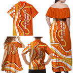 Perth Scorchers Family Matching Off Shoulder Maxi Dress and Hawaiian Shirt Aboriginal Dot Art Orange White - Tribal Wave Pattern