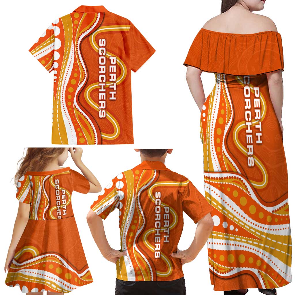Perth Scorchers Family Matching Off Shoulder Maxi Dress and Hawaiian Shirt Aboriginal Dot Art Orange White - Tribal Wave Pattern